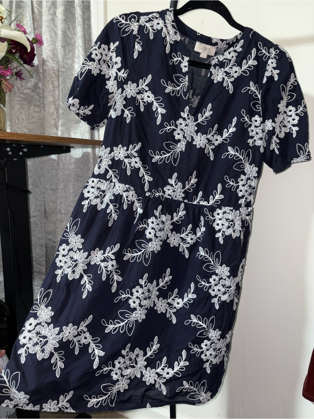 LOFT Navy Midi Dress with White Floral Lace Embroidery